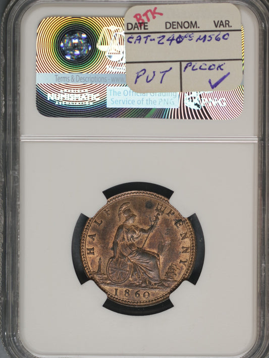 Great Britain 1860 1/2 Penny K-748.2 NGC UNC DETAILS Spot Removal Beaded