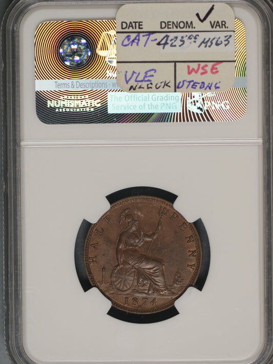 Great Britain 1874H 1/2 Penny K-754 NGC MS62 BN
