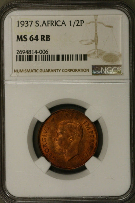 South Africa 1/2 Penny 1937  NGC MS64 RB  only 2 coins graded higher   S133