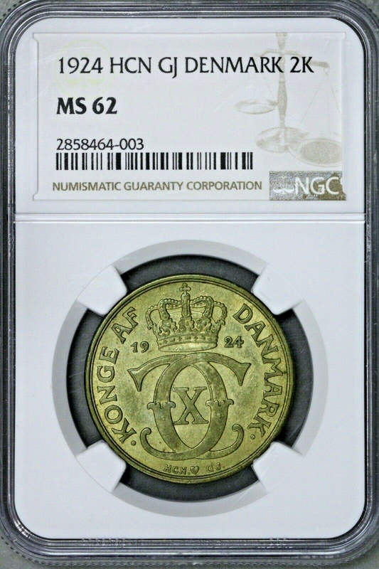 Denmark 1924 2 Kroner HCN GJ NGC MS 62 Rare S629