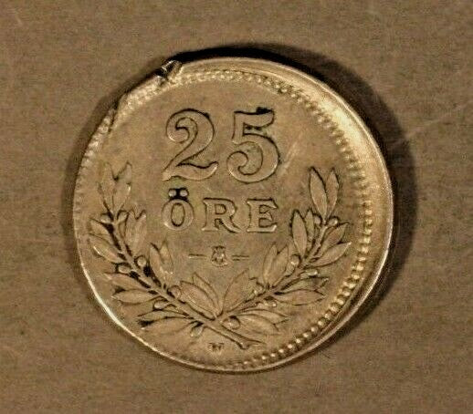 Error 1914 Sweden 25 Ore Silver High Grade Off Center Cupped