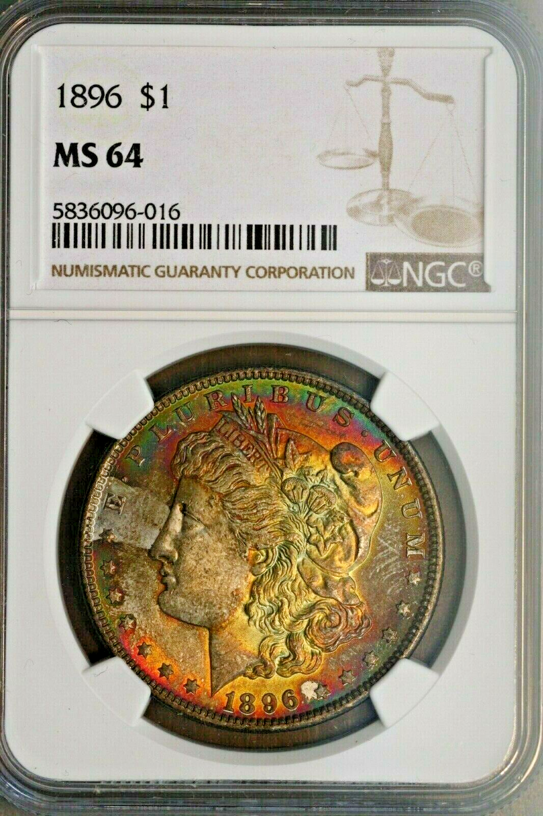 1896 Morgan Dollar NGC MS64 Amazing Fluorescent Rainbow Toning