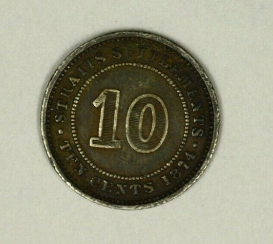 Straits Settlements 10 Cents 1874-H  VF  Victoria   A896