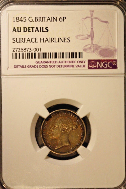 1845 Great Britain 6 Pence  NGC AU Details