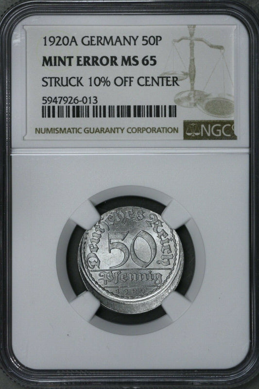 Germany 1920A 50 Pfennig NGC MS 65 Mint Error Struck 10% Off Center RARE S634