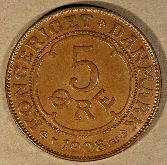 1908 Denmark 5 Ore Choice High Grade Brown