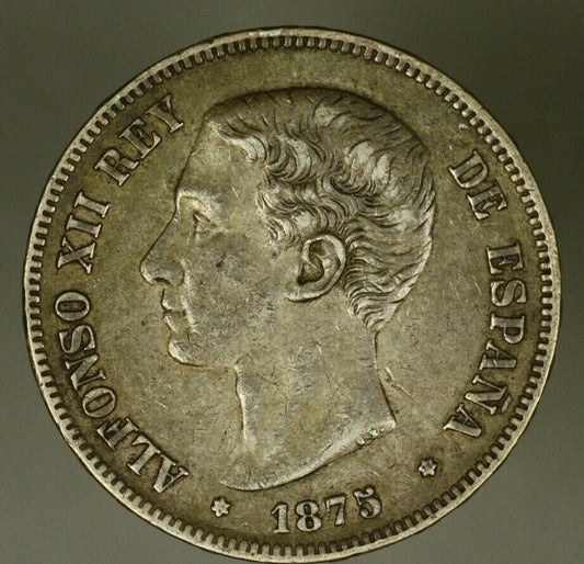 Spain  Silver 5 Pesetas 18975 (75)  dirty XF  Alfonso XII       A1121