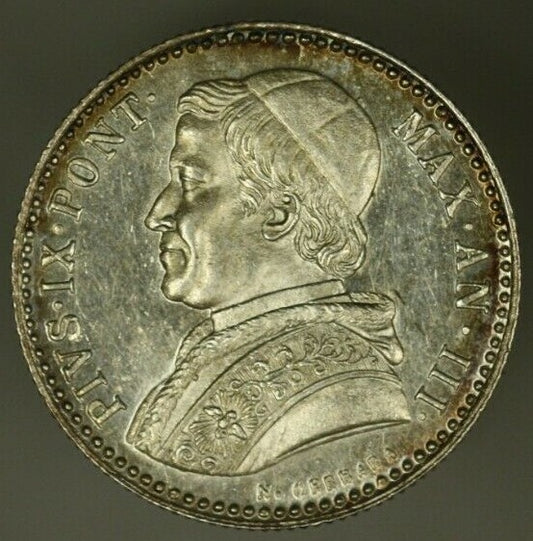 Papal States Silver 20 Baiocchi 1849-B  Pius IX - Anno III  Prooflike UNC  A2138
