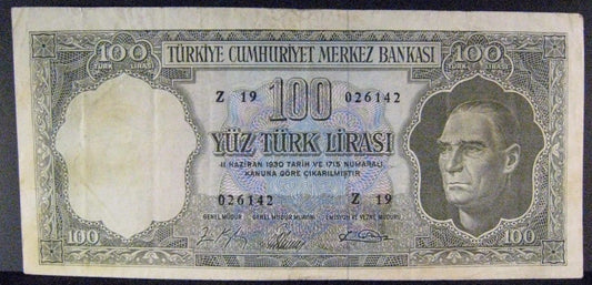 Replacement!  1930 Turkey, Bank of,100 Lire Bank Note (1.10.1964)