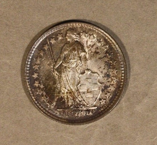 1921 Switzerland 1/2 Franc Silver Great Toning Hi Grade