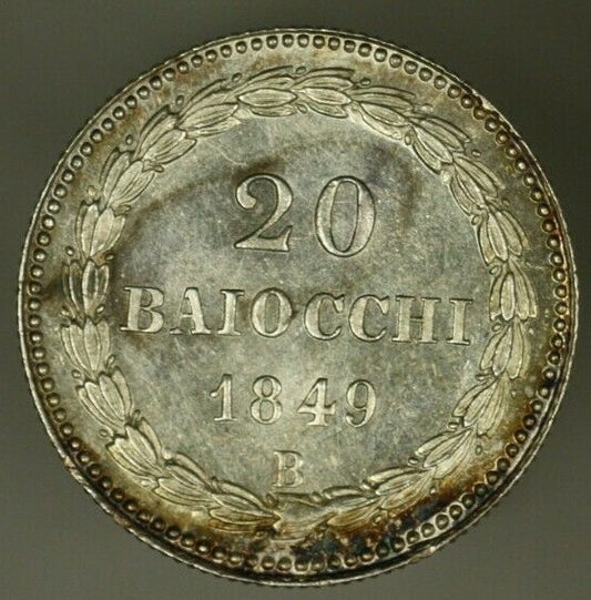 Papal States Silver 20 Baiocchi 1849-B  Pius IX - Anno III  Prooflike UNC  A2138