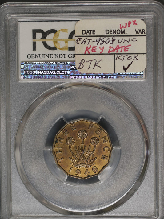 Great Britain 1946 3 Pence K-849 PCGS AU Details Cleaning Key Date