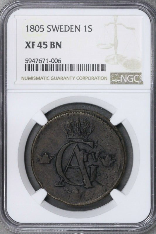Sweden 1805 1 Skilling NGC XF 45 BN (175? 2 Ore Legible Date)   S717