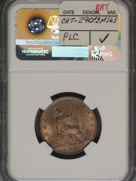 Great Britain 1860 1/2 Penny K-748.2 NGC MS63 RB Beaded