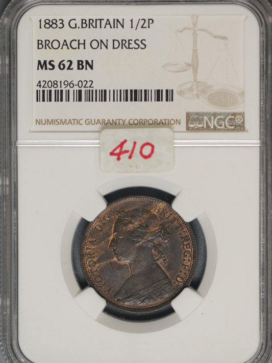 Great Britain 1883 1/2 Penny K-754 NGC MS62 BN BROACH
