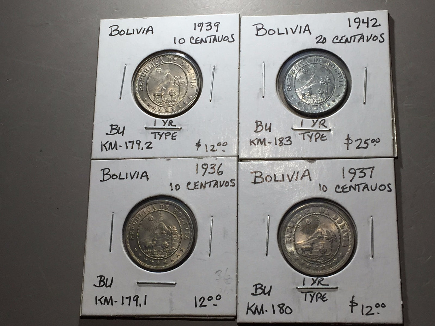 Lot of (4) Bolivia Coins 1 YR Type BU 1936, 1937, 1939, 1942 SEE PHOTOS