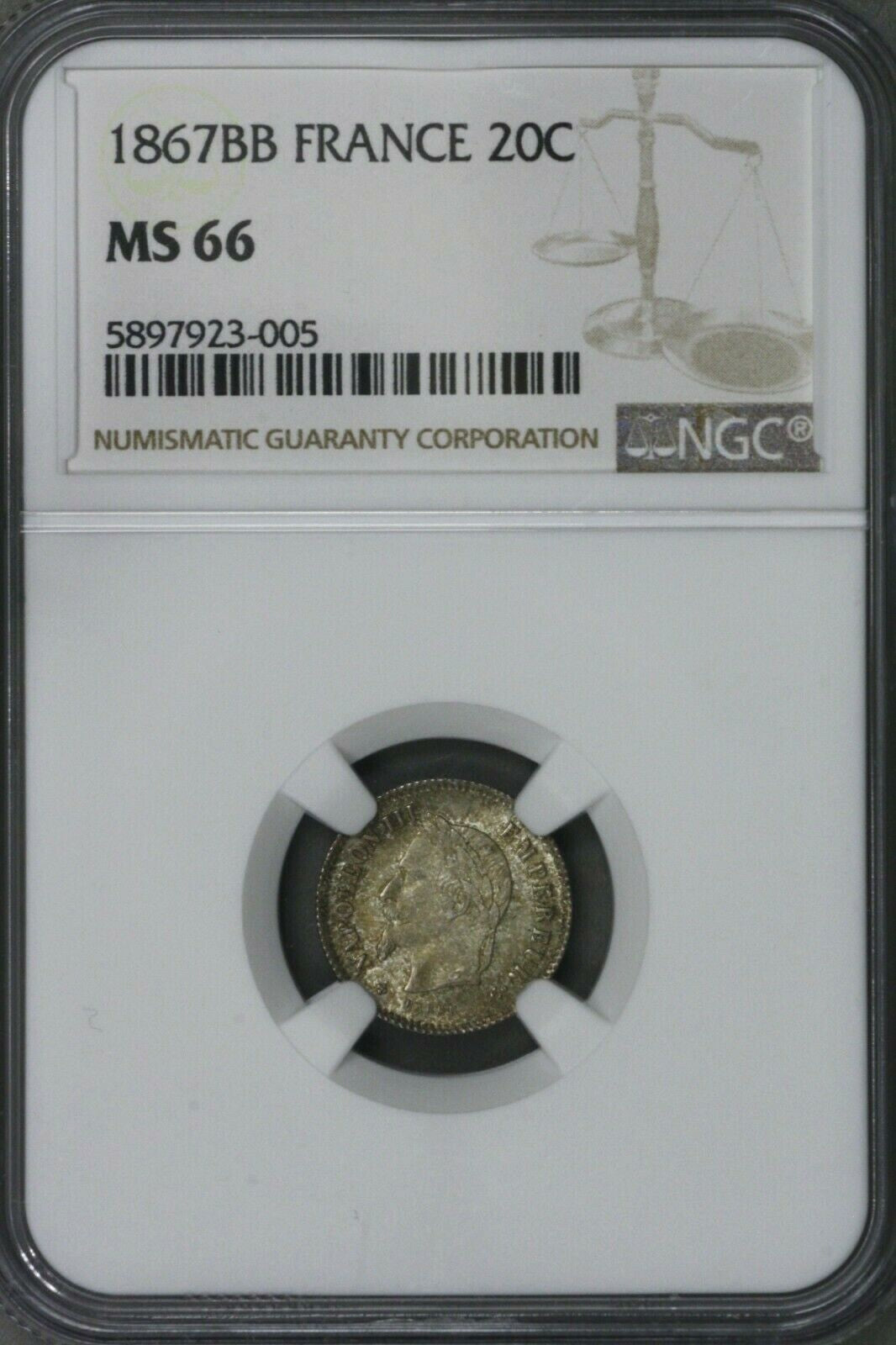 France 1867 BB 20 Centimes  NGC MS 66    S280