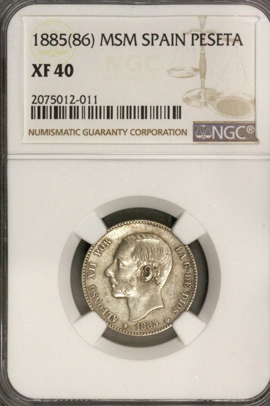 Spain 1885 (86) MSM Silver Peseta  NGC XF 40