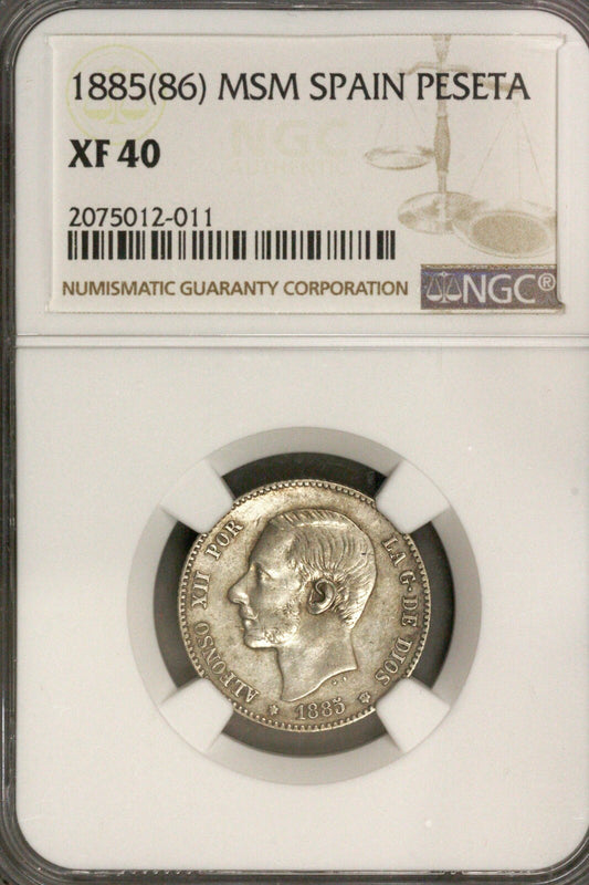 Spain 1885 (86) MSM Silver Peseta  NGC XF 40