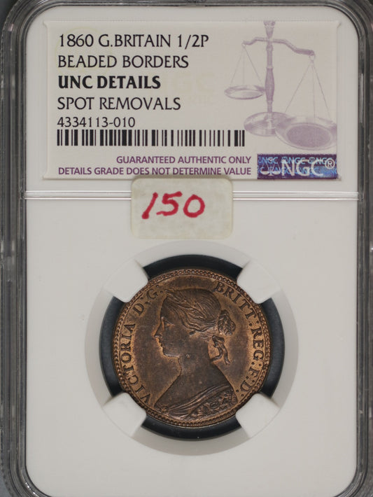 Great Britain 1860 1/2 Penny K-748.2 NGC UNC DETAILS Spot Removal Beaded