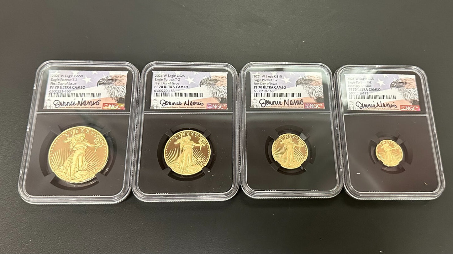 2021 W Gold Eagle Set $5-$50 Type-2 FDOI PF-70 Ultra Cameo Jennie Norris - U003