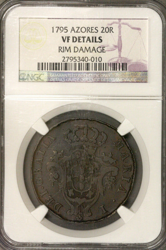 Azores 1795 20 Reis  VF Details Rim Damage Overstruck on 1791 10 Reis  NGC