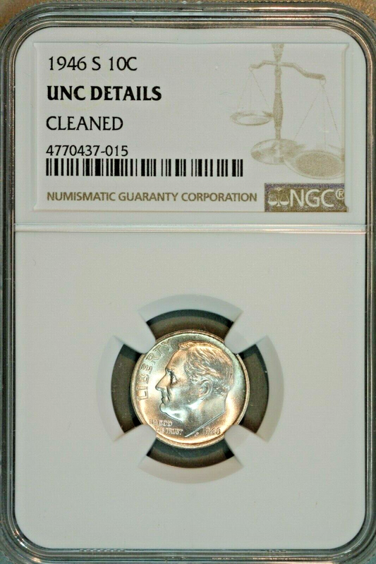 1946 S Roosevelt Dime NGC Unc Details Cleaned (Very Faint Lines from old Wipe)