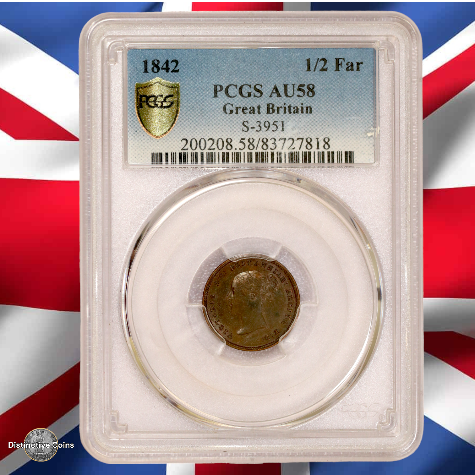 Great Britain 1842 1/2 Farthing PCGS AU58 - GBS017