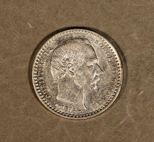 1874 CS Denmark 25 Ore Silver Lite Circulation Nice