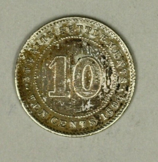 Straits Settlements Silver 10 Cents 1896 Toned AU  Victoria A904