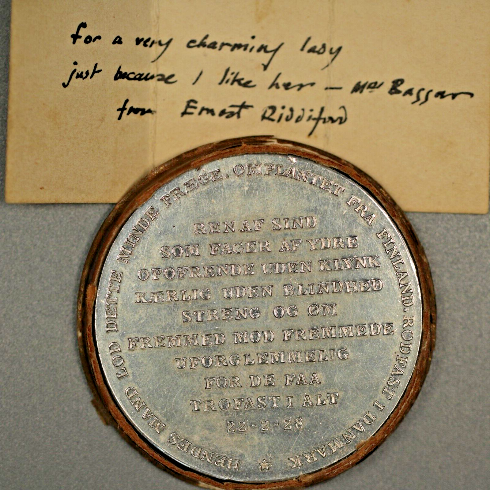 1928 Denmark Medal of Anna Berendsen.  Gift by Charles Ernest Riddiford. B471