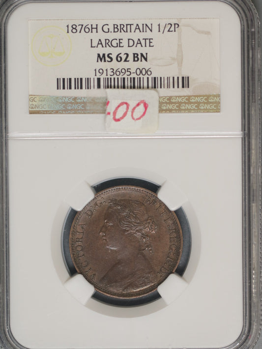 Great Britain 1876H 1/2 Penny K-754 NGC MS62 BN LARGE DATE