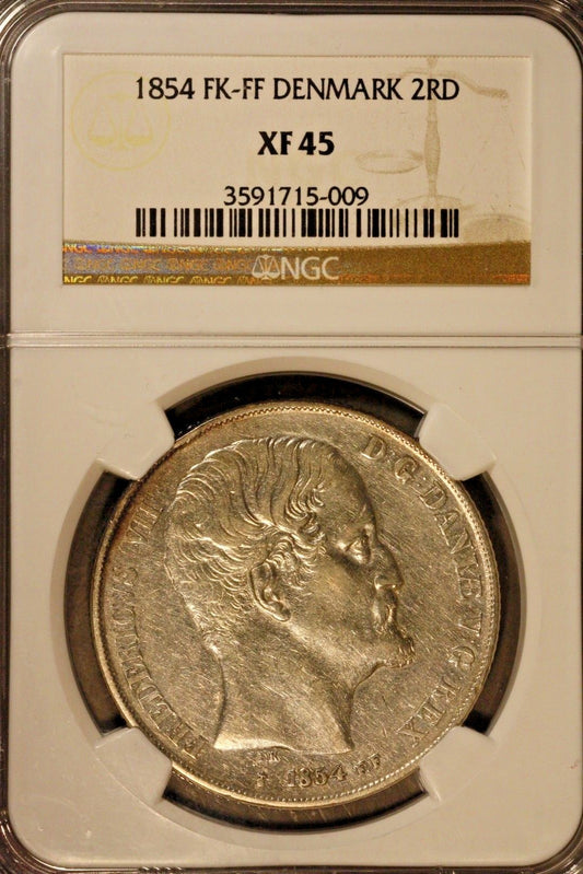 1854 FK FF Denmark 2 Rigsdaler NGC XF 45