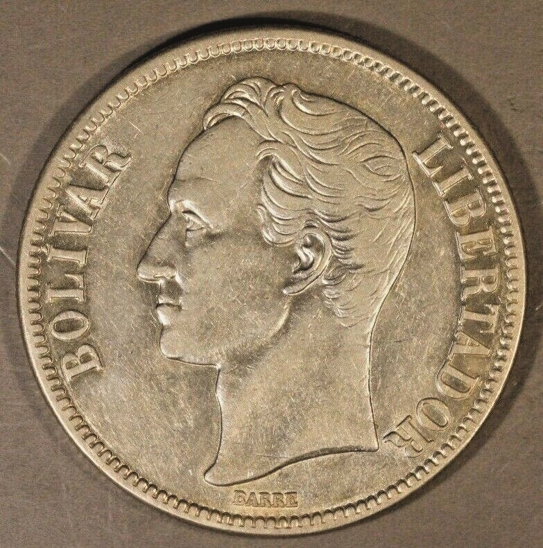 1929 Venezuela 5 Bolivares Silver Higher Grade Example