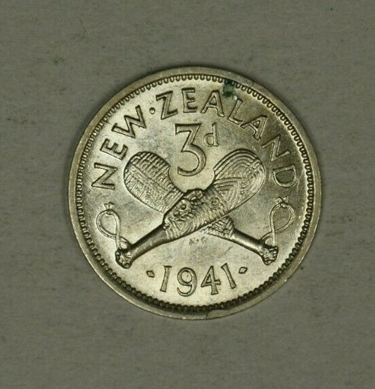New Zealand Silver 3 Pence 1941  AU/UNC   A2158