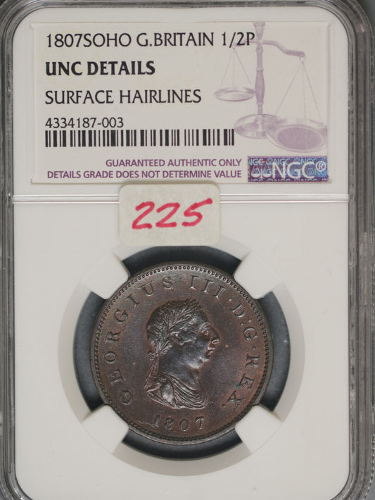 Great Britain 1807 1/2 Penny K-662 NGC UNC DETAILS Surface Hairlines