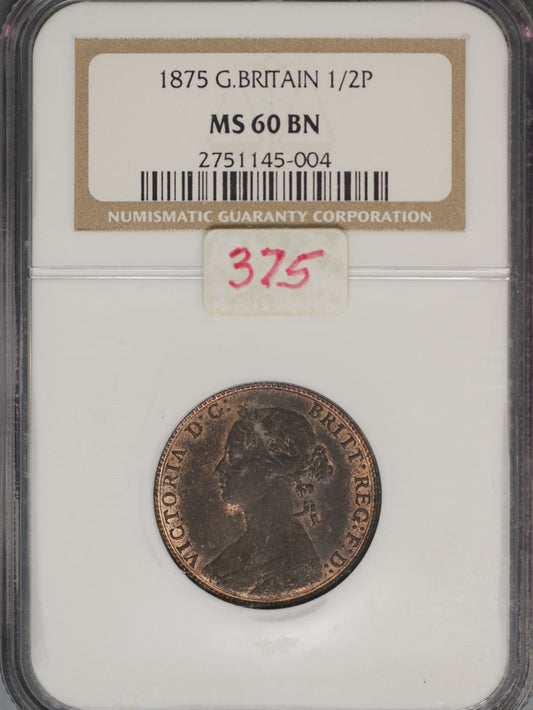 Great Britain 1875 1/2 Penny K-754 NGC MS60 BN
