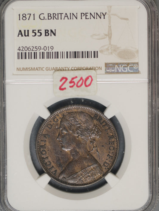 Great Britain 1871 Penny K-749.2 NGC AU55 BN KEY DATE