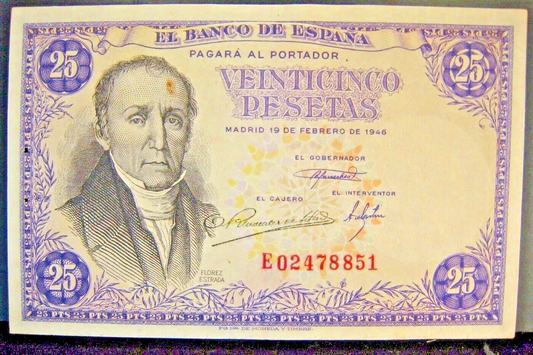 1946 Spain Bank of, 25 Pesetas Higher Grade Staple Hole