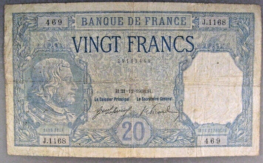 1916 France, Bank of,  20 Francs Note Circulated
