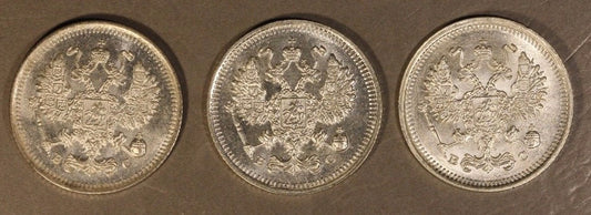 1914-1916, Russia Set of 3 Silver 10 Kopeks High Grade