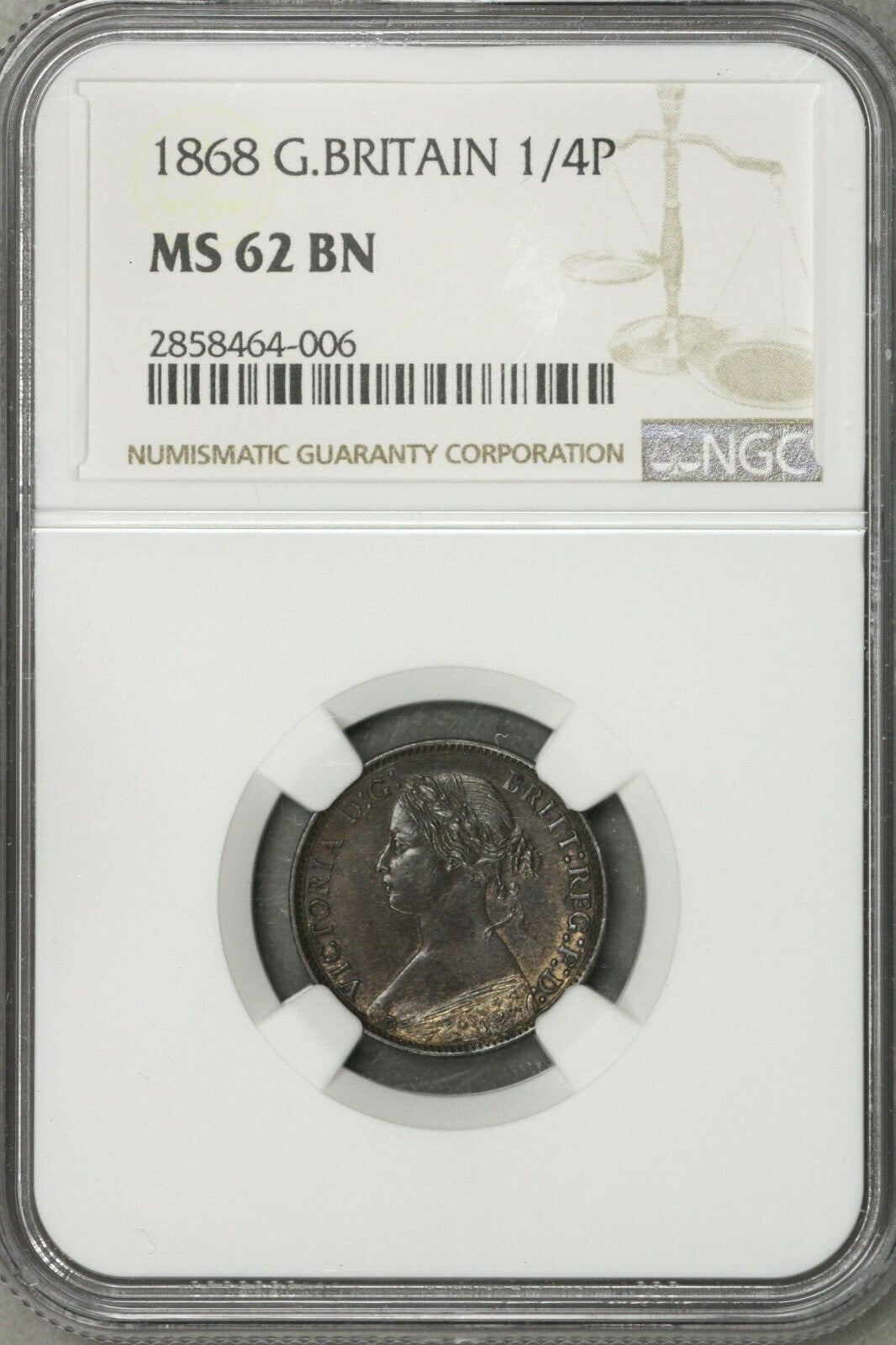 Great Britain 1868 Farthing NGC MS 62 BN S568