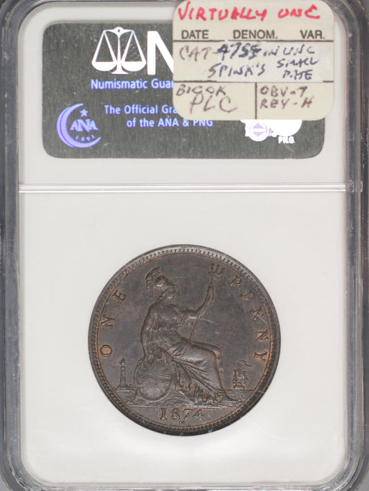 Great Britain 1874H Penny K-749.2 NGC AU58 BN OBV OF 73