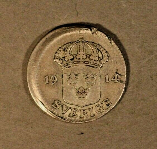 Error 1914 Sweden 25 Ore Silver High Grade Off Center Cupped