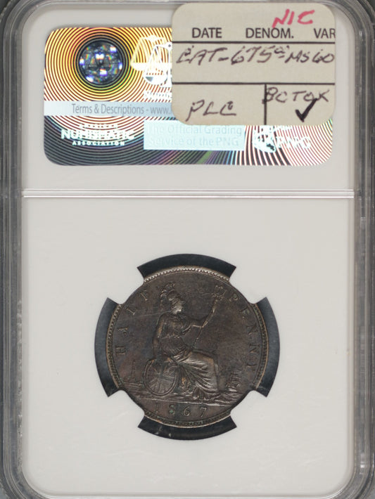 Great Britain 1867 1/2 Penny K-748.2 NGC AU58 BN
