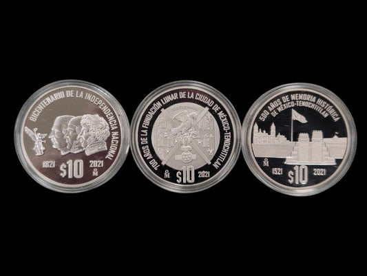 Mexico 2021 3 Pc Coin Set 10 Pesos Silver 200, 500, 700 Tenochtitlan in Capsules