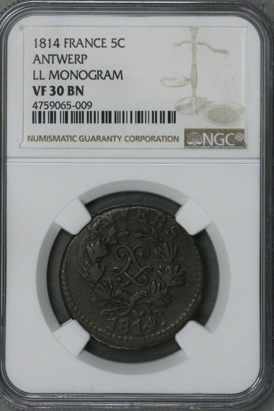 French States 1814 Antwerp 5 Centimes LL Monogram NGC VF 30 BN   S341