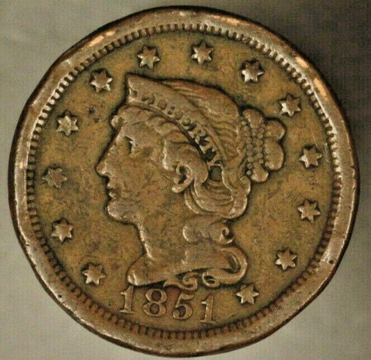 1851 Braided Hair Large Cent Circulated Coin