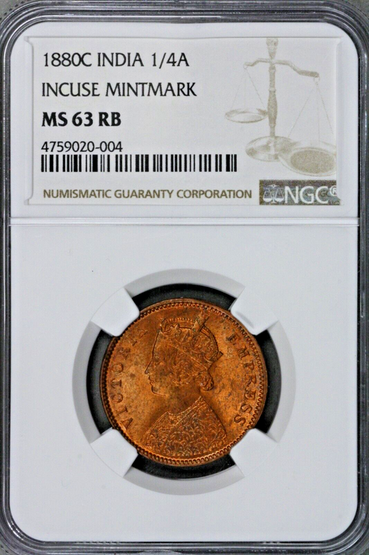 India 1880 C1/4 Anna Incuse Mintmark NGC MS 63 RB    S227
