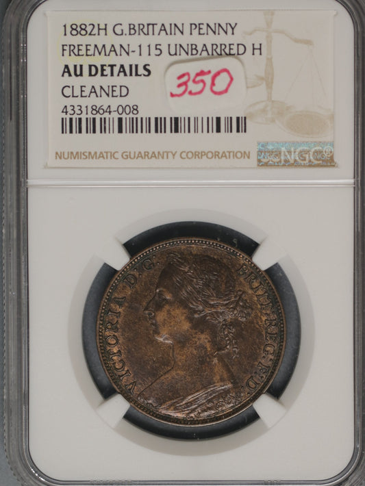 Great Britain 1882H Penny K-755 NGC AU Details Cleaned UNBARRED H